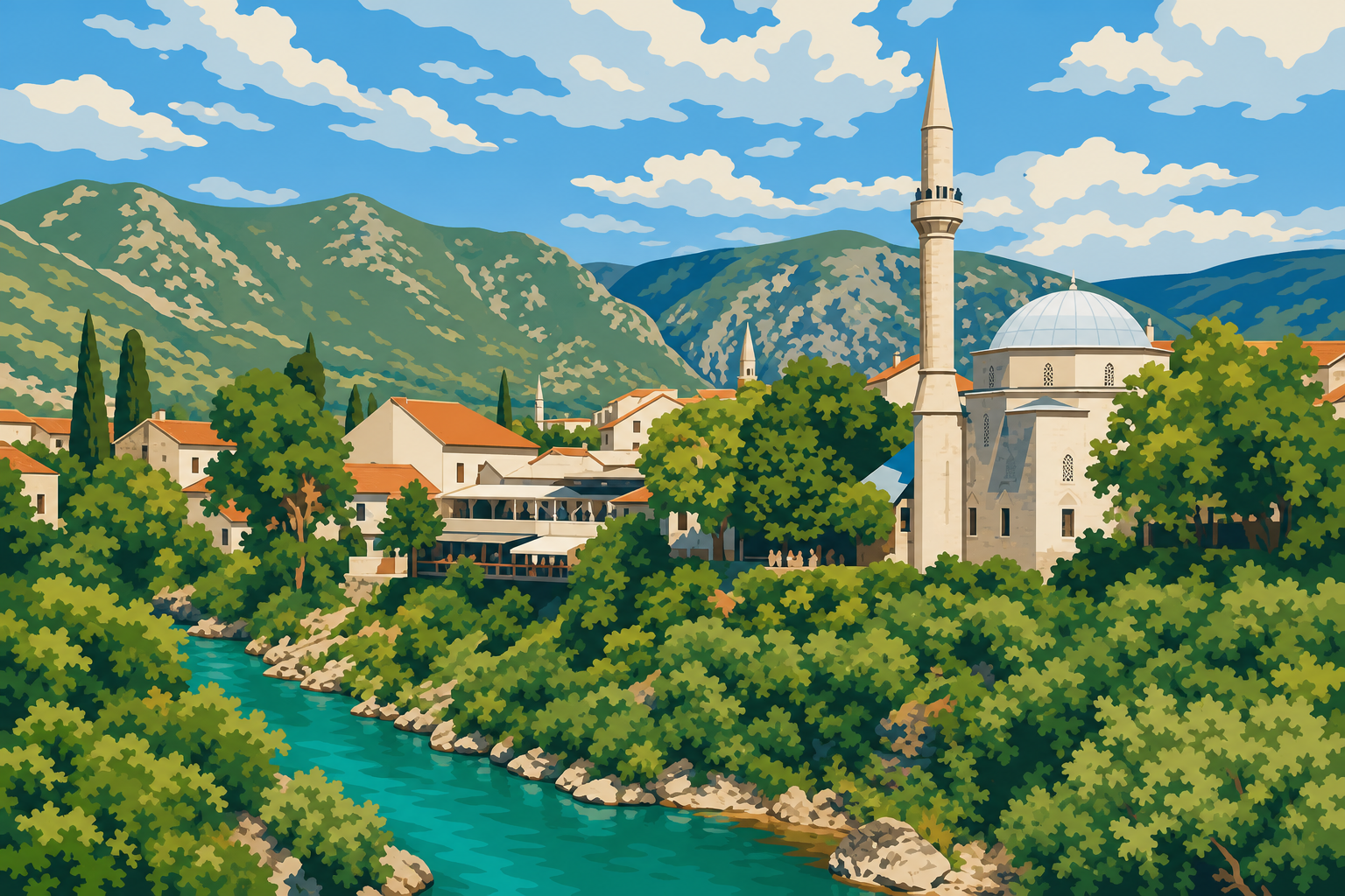Polygon painting of Koski Mehmed Pasha Mosque above the Neretva in Mostar