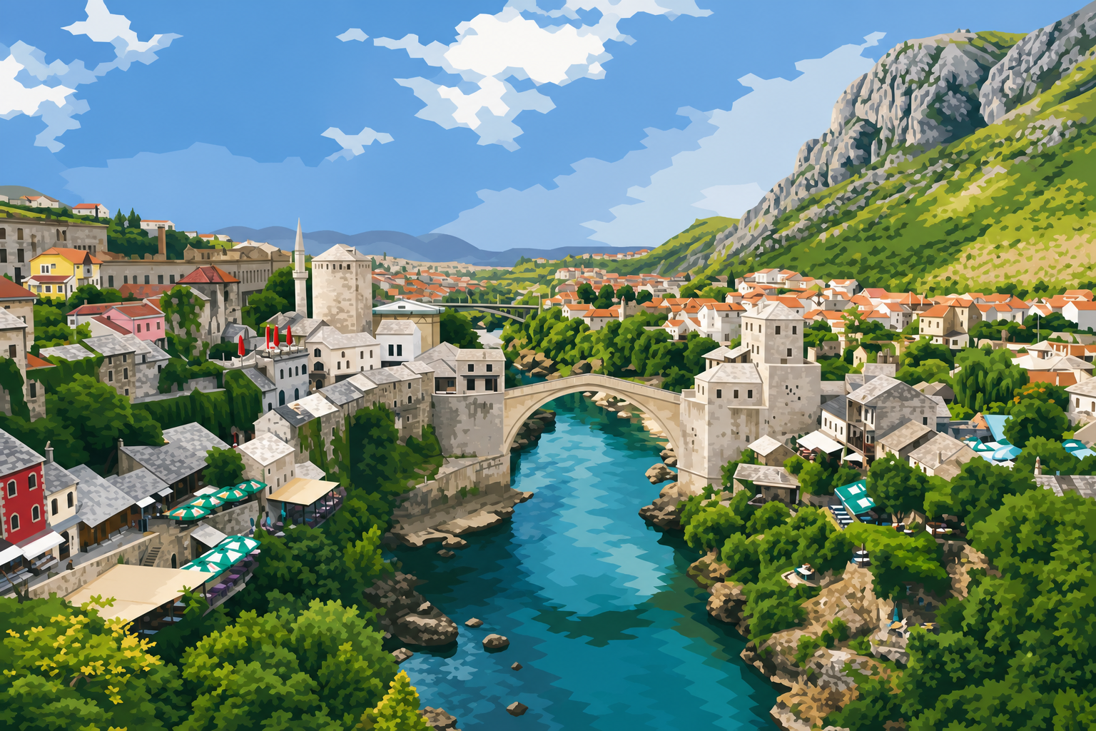 Polygon painting of Mostar old town panorama with Stari Most