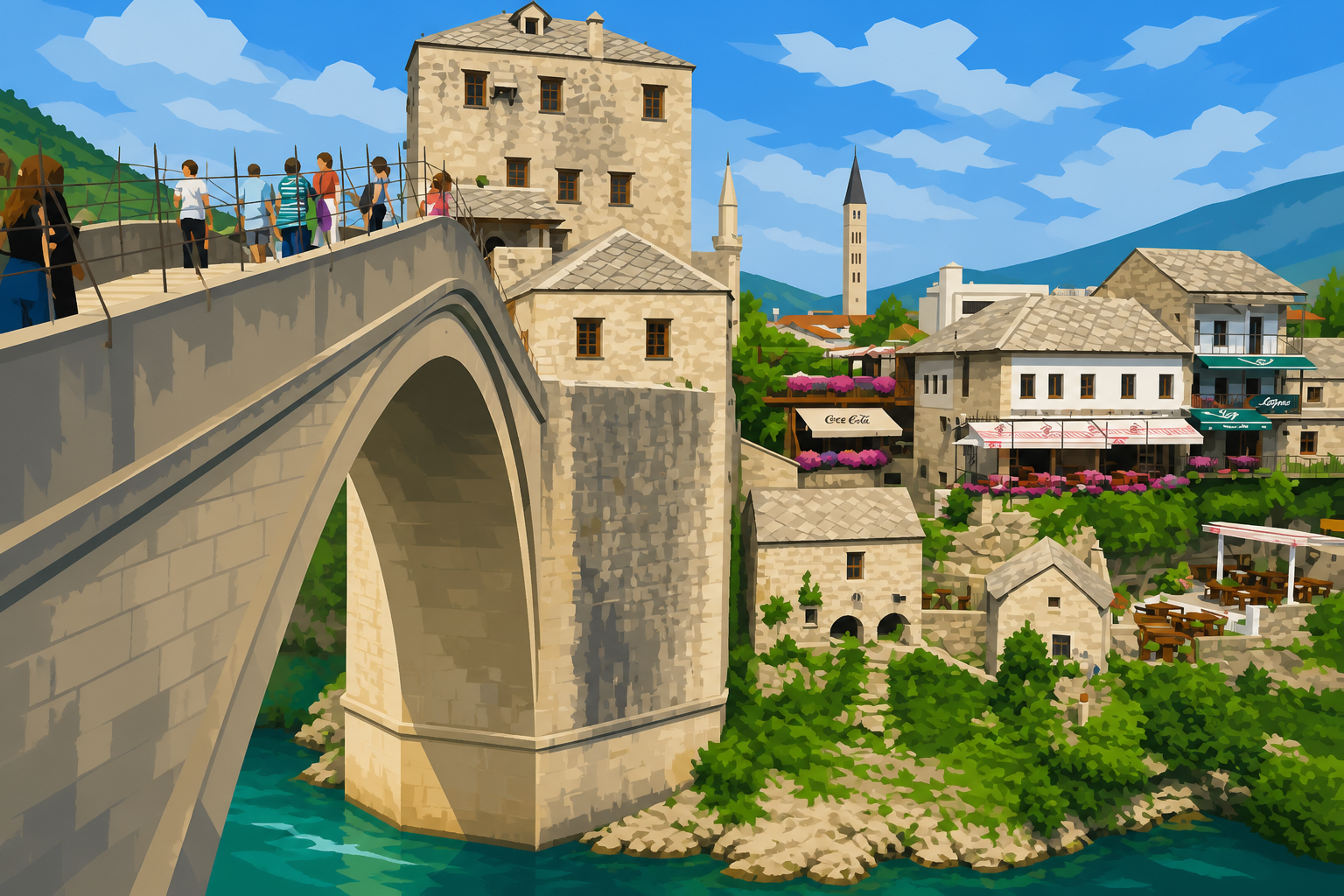Polygon painting of Stari Most, the Old Bridge in Mostar