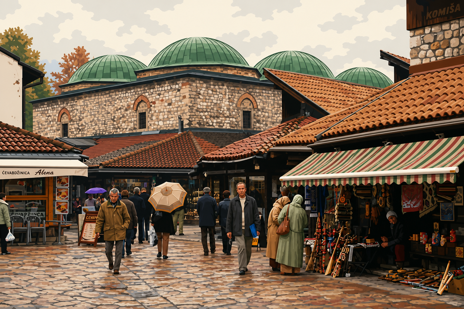 Polygon painting of Baščaršija streets in Sarajevo with Brusa Bezistan