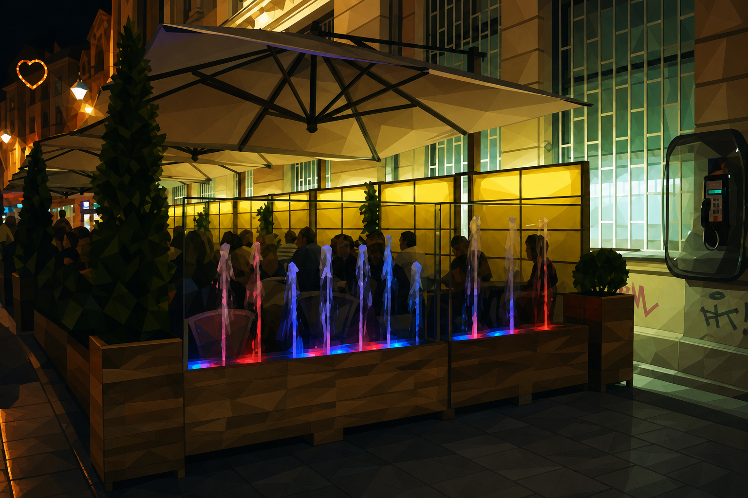 Polygon painting of people at an outdoor café on Ferhadija street, Sarajevo