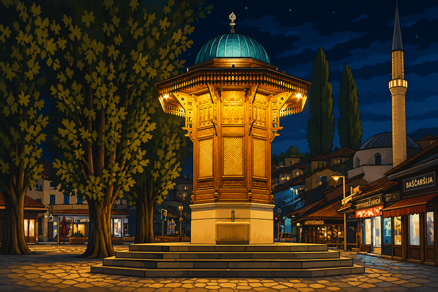 Polygon painting of the Sebilj fountain in Baščaršija, Sarajevo