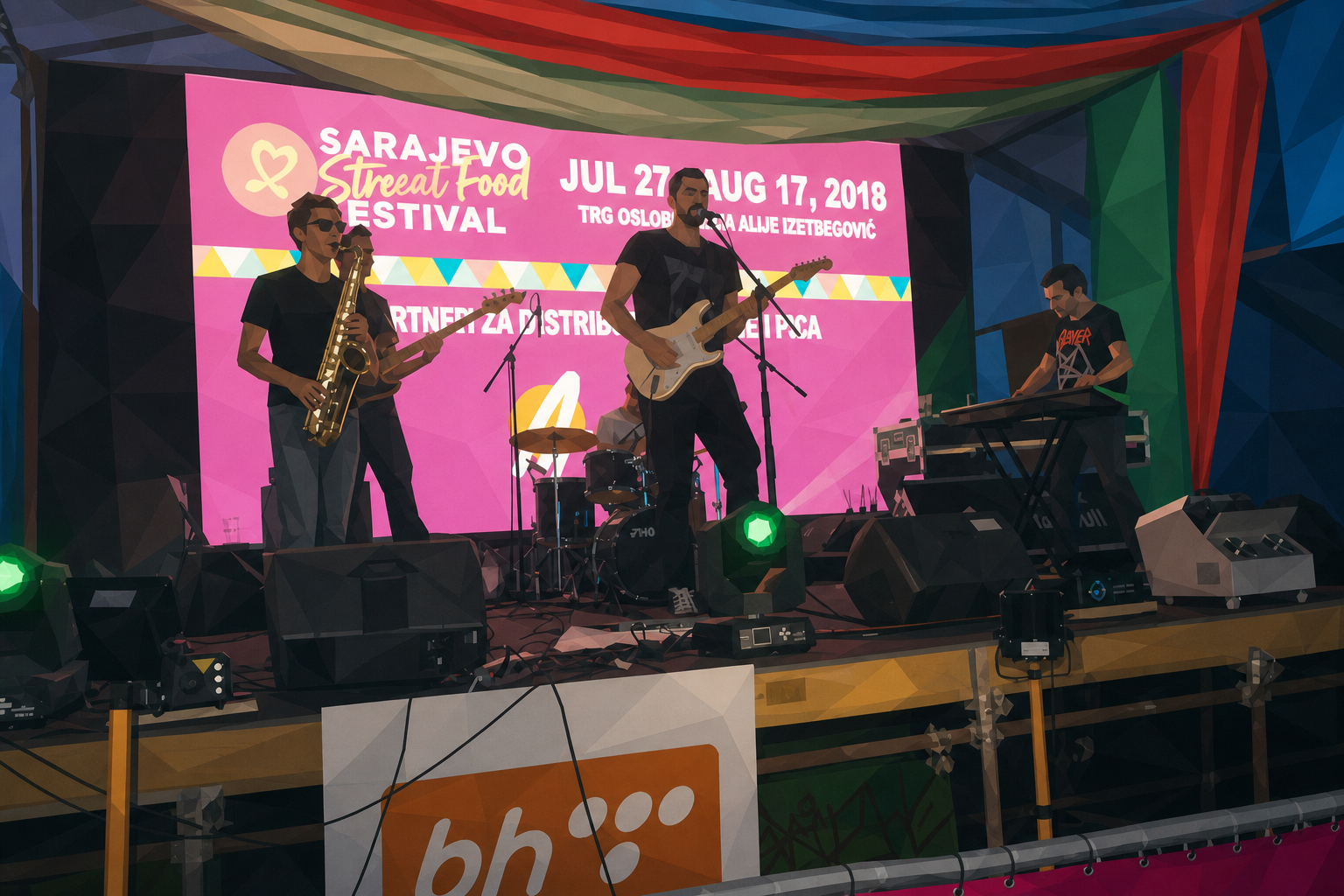 Polygon painting of musicians on stage at the Sarajevo Street Food Festival