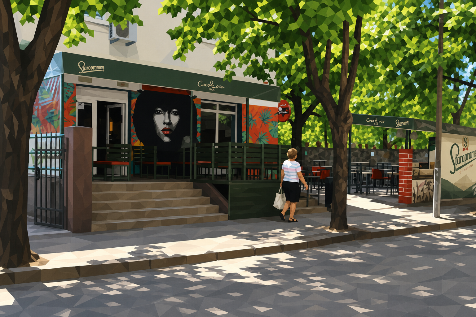 Polygon painting of the Coco Loco outdoor café in Mostar