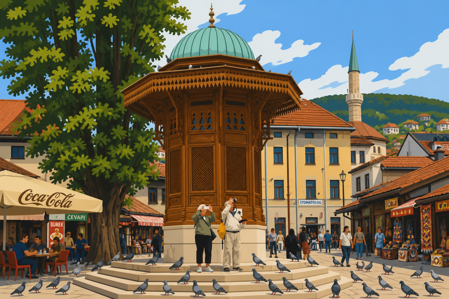 Polygon painting close-up of Sebilj fountain with pigeons