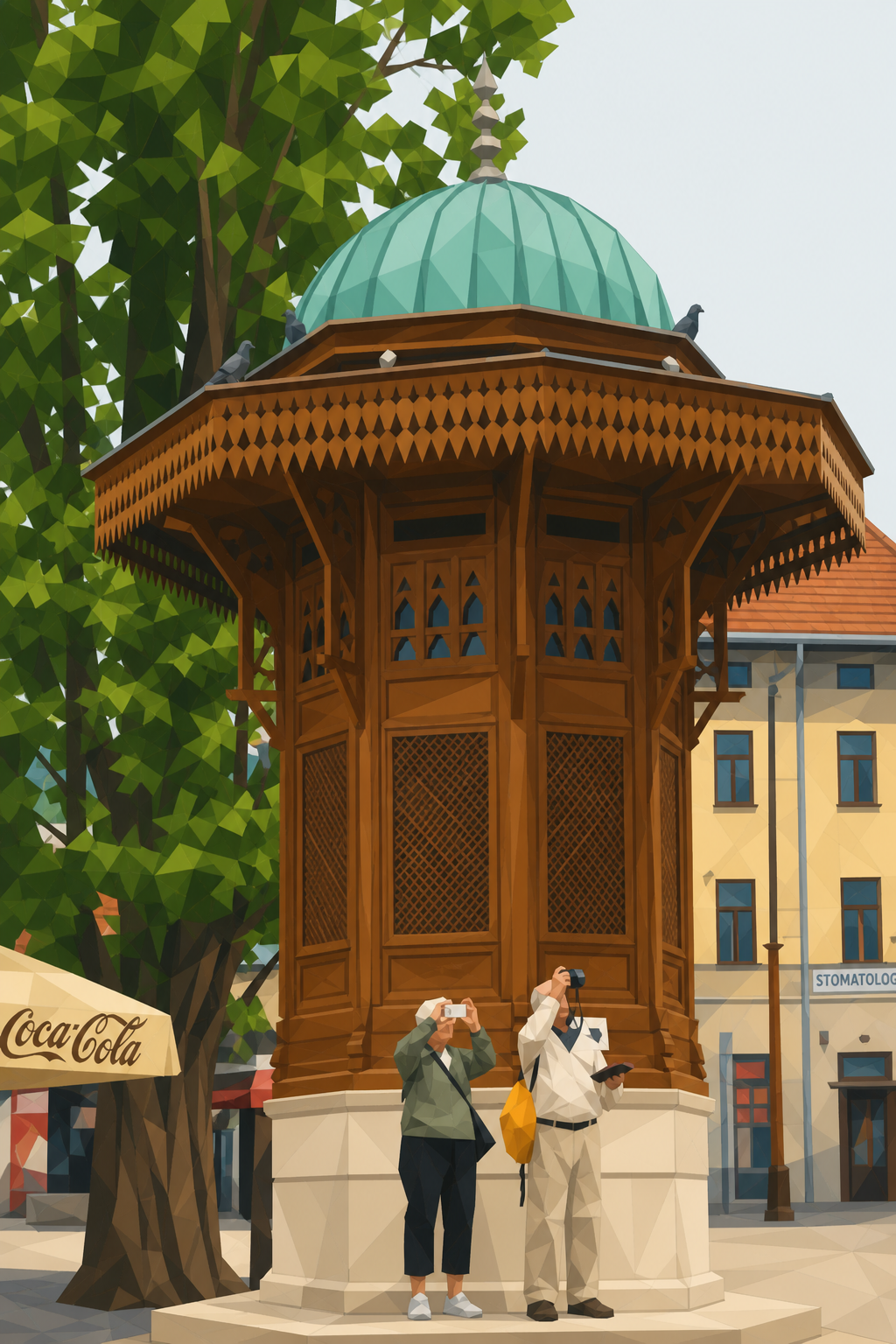 Polygon painting of tourists photographing the Sebilj fountain in Baščaršija