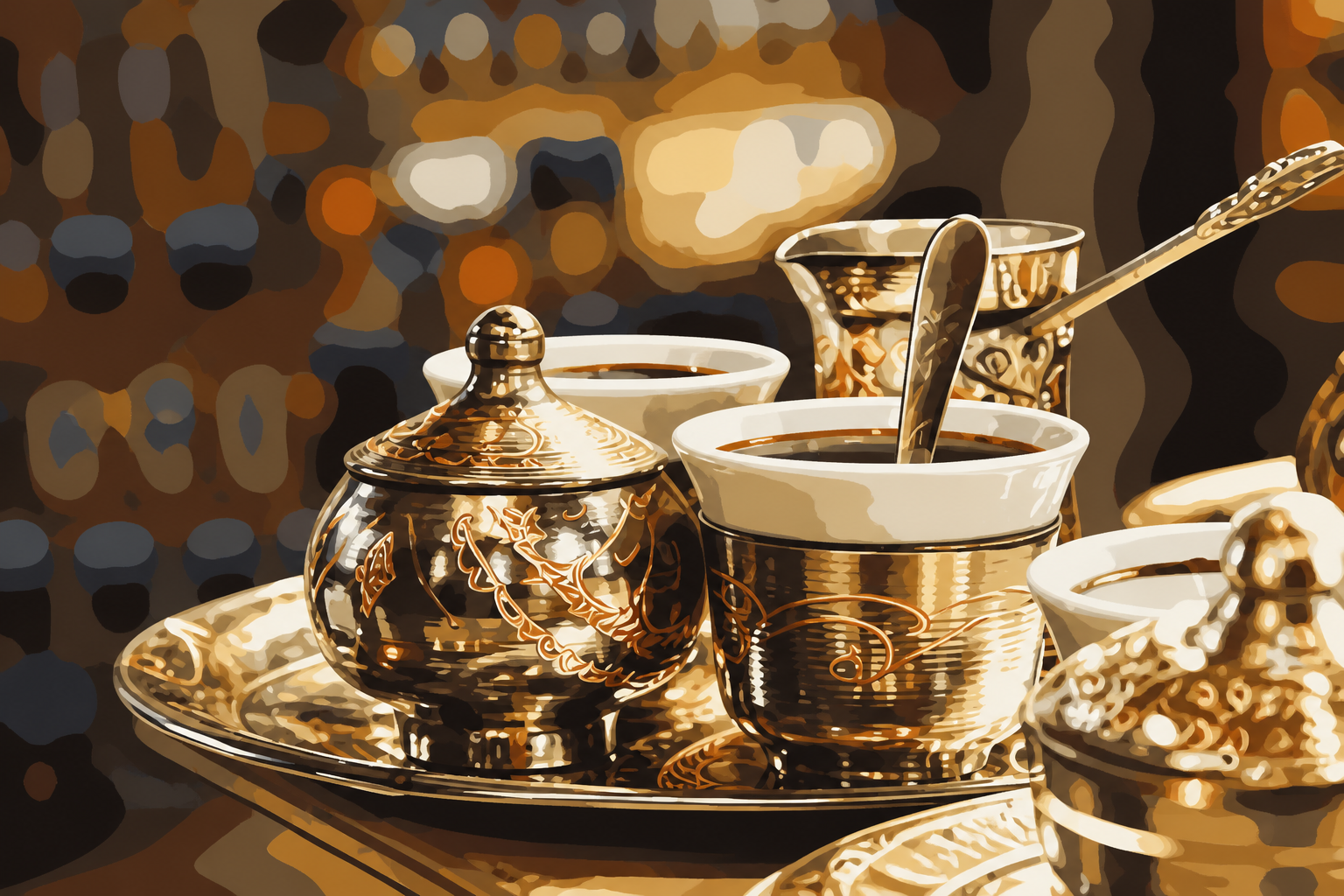 Polygon painting of an engraved Bosnian coffee set with džezva and cups