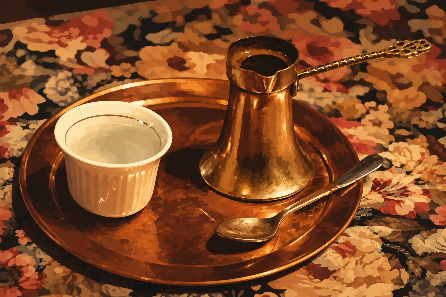 Polygon painting of Bosnian coffee with džezva and fildžan on a copper tray