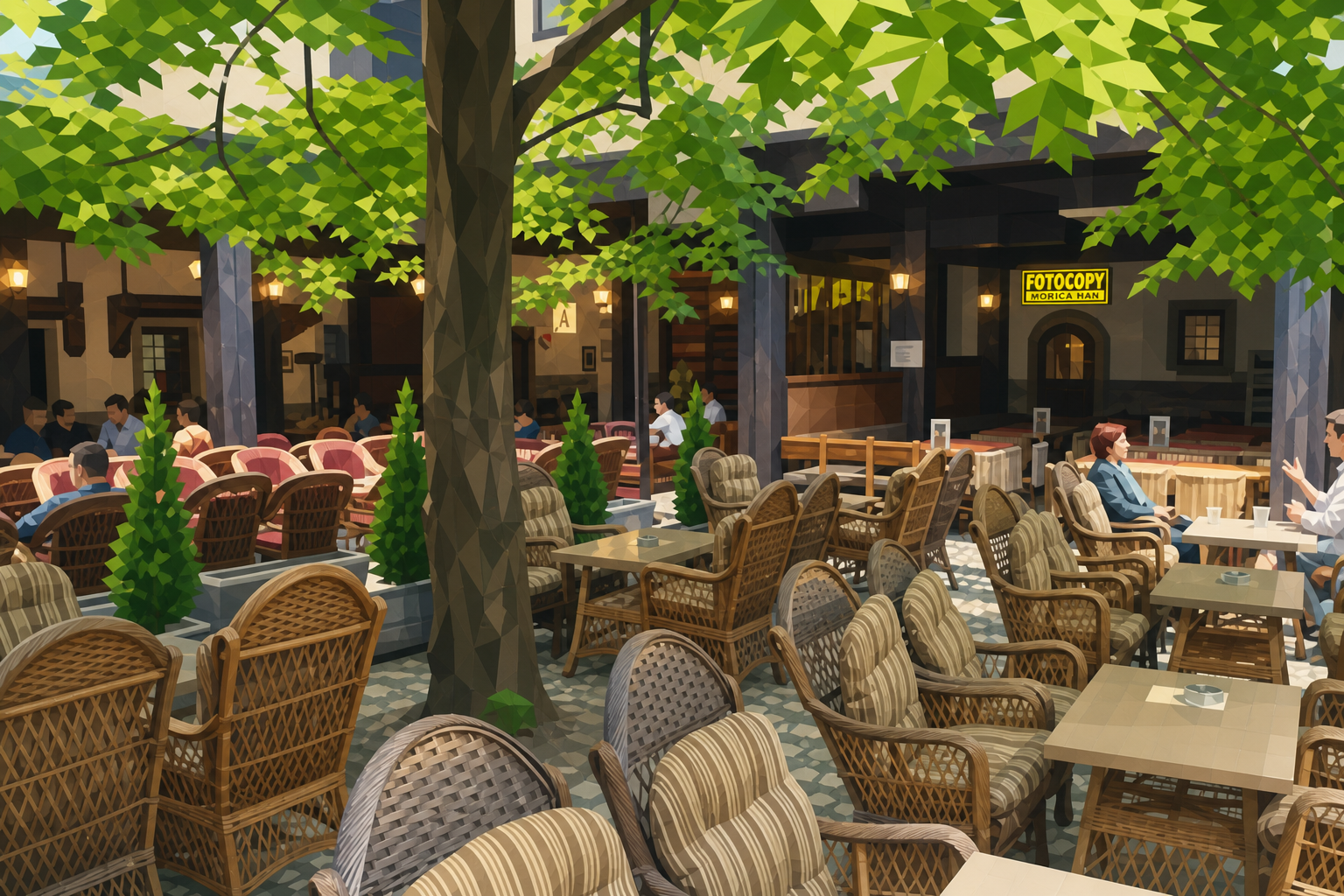 Polygon painting of guests at courtyard tables in Morića Han, Sarajevo, matching the credited Commons photo