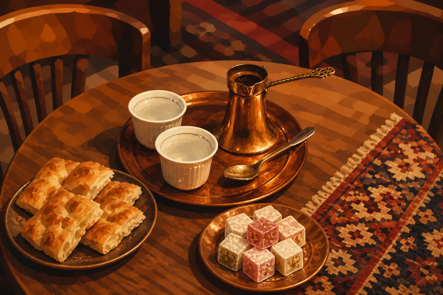 Polygon painting of shared bread and coffee on a family-style café table