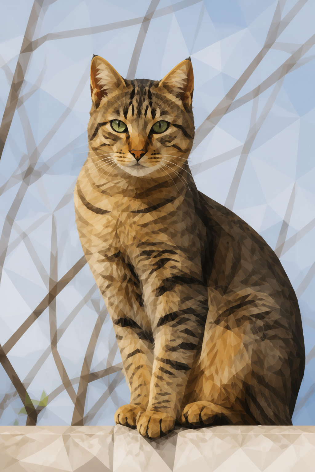 Polygon painting of a tabby cat sitting on an outdoor stone wall matching the Commons source photo.