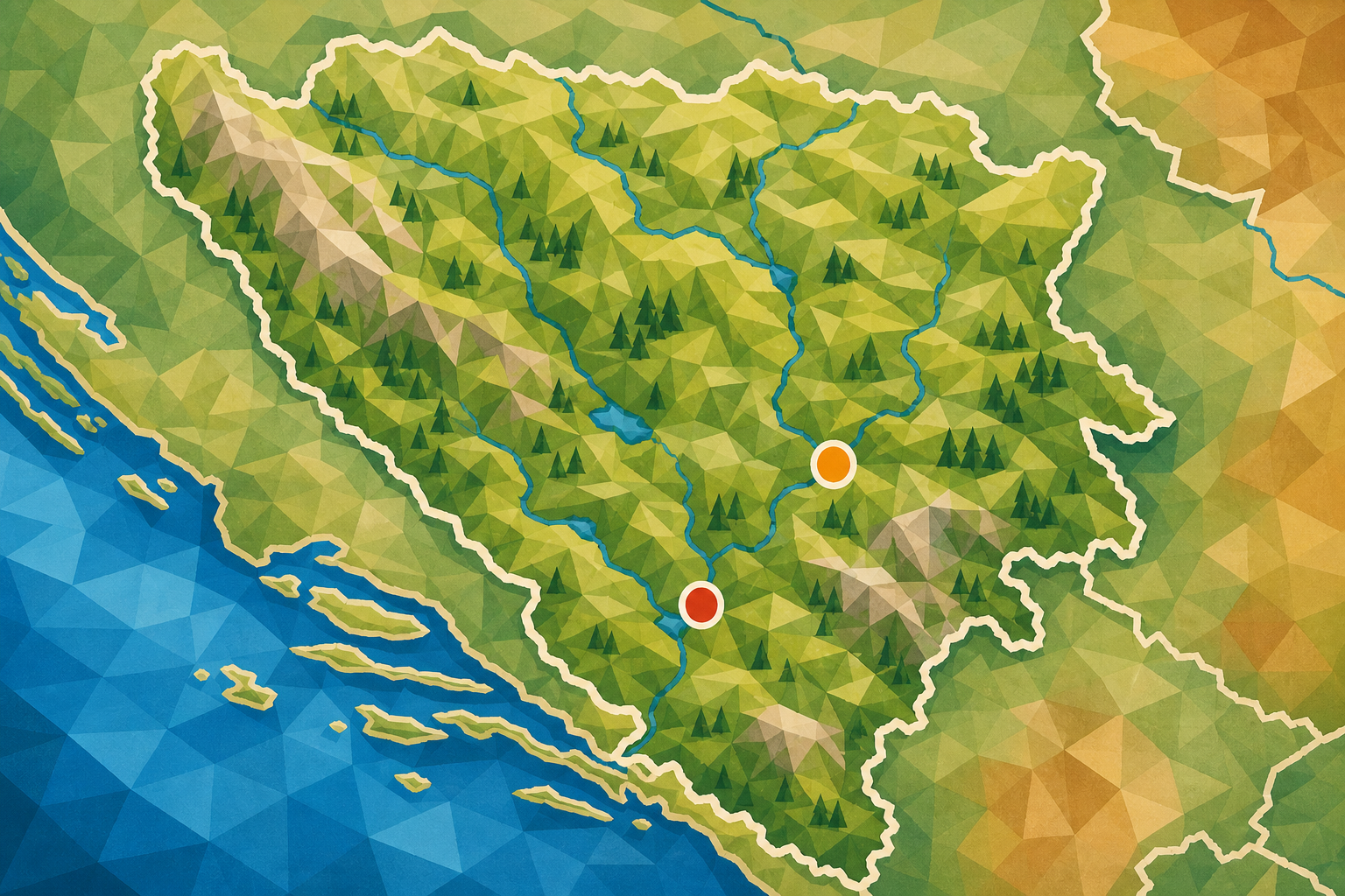 Polygon painting of a colorful map of Bosnia and Herzegovina with Sarajevo and Mostar marked