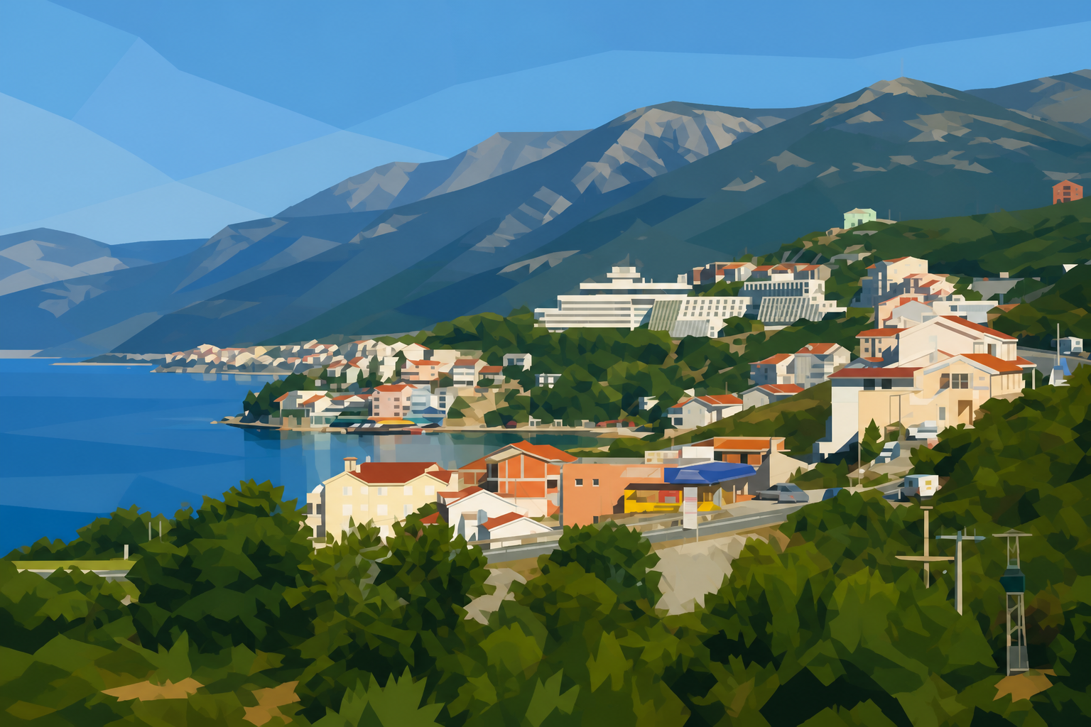 Polygon painting of Neum on Bosnia and Herzegovina’s short Adriatic coast