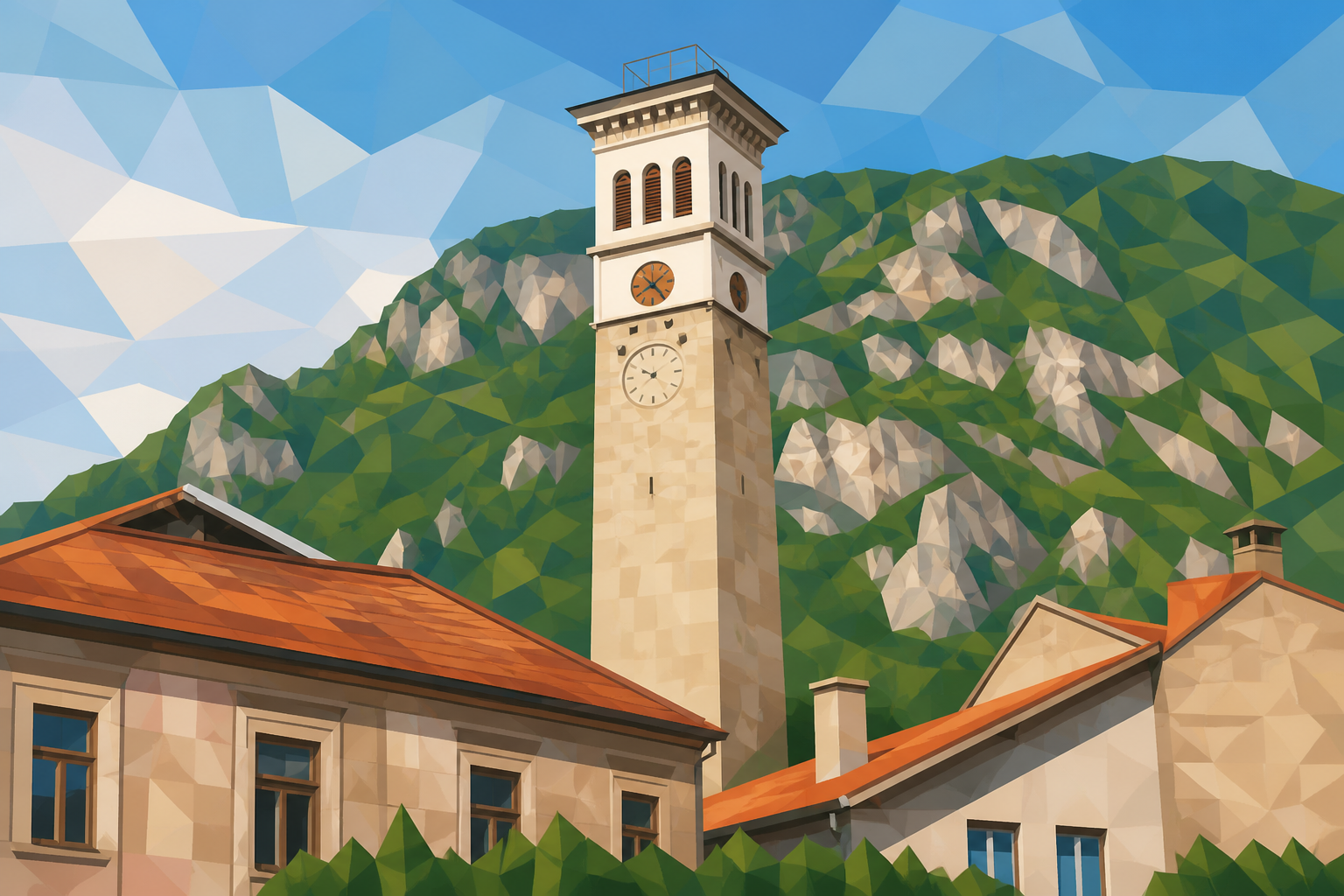 Polygon painting of Travnik’s sahat-kula clock tower beneath Mount Vlašić
