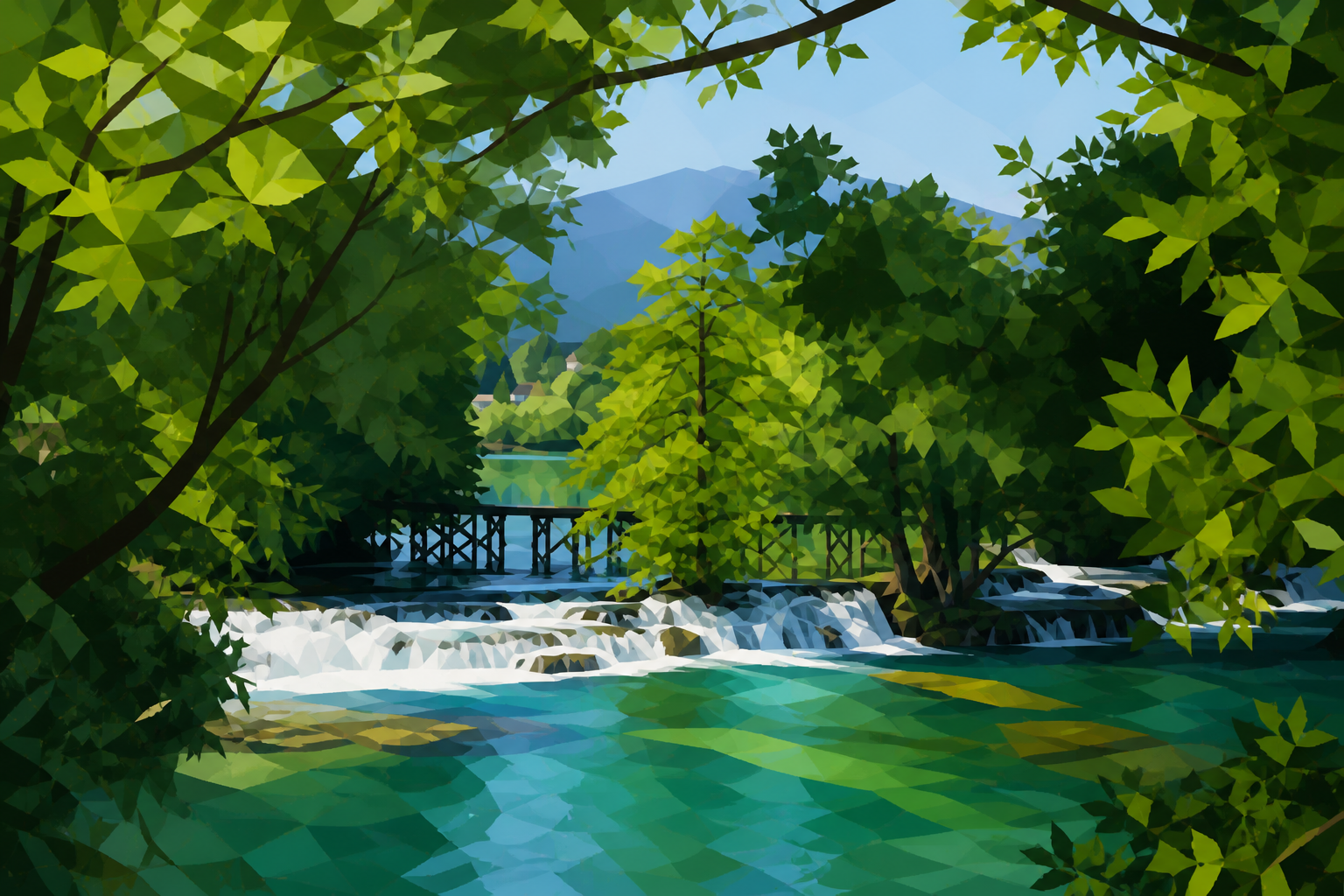 Polygon painting of the clear Una River near Bihać in northwest Bosnia