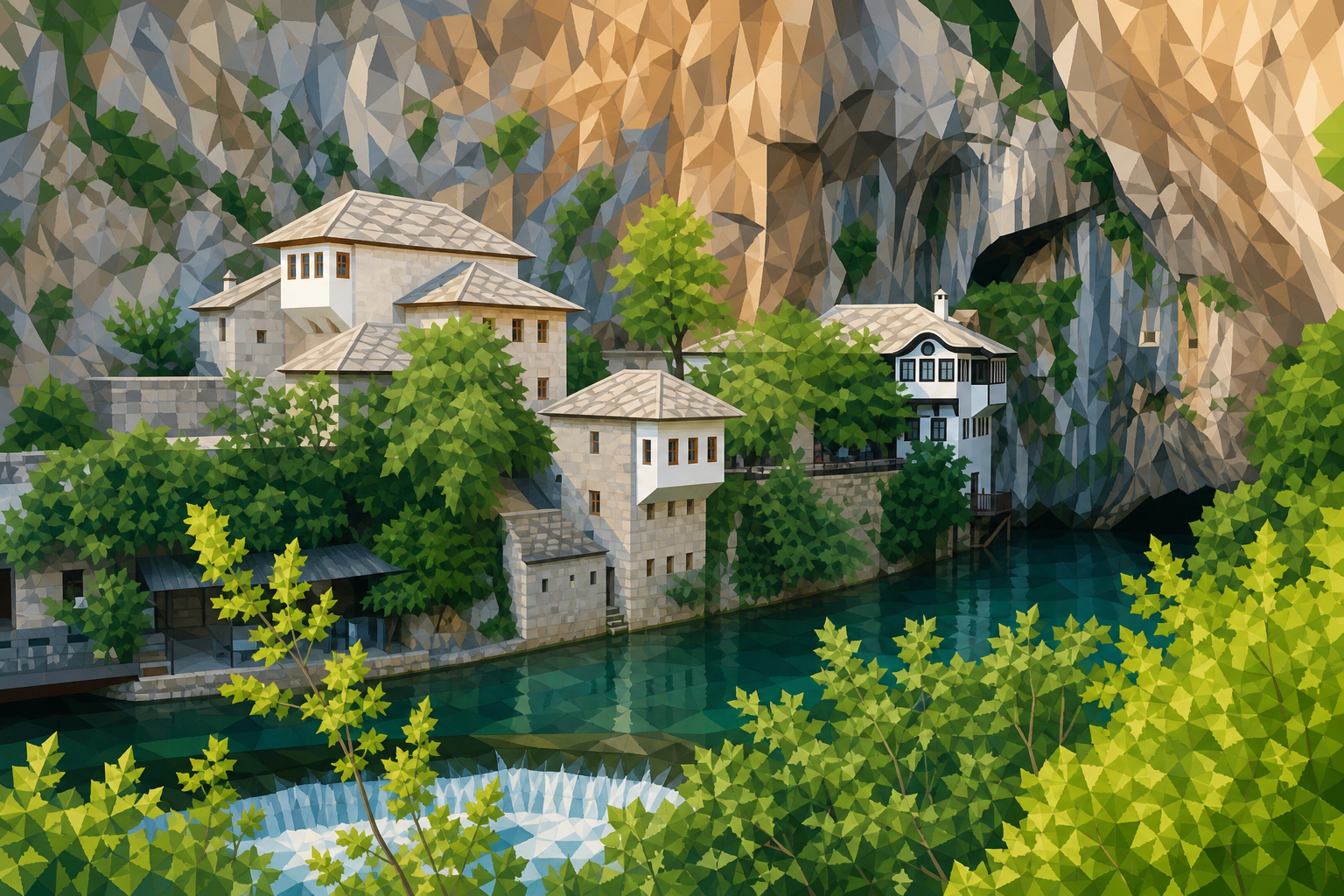 Polygon painting of the Blagaj Dervish tekija at the Buna river spring