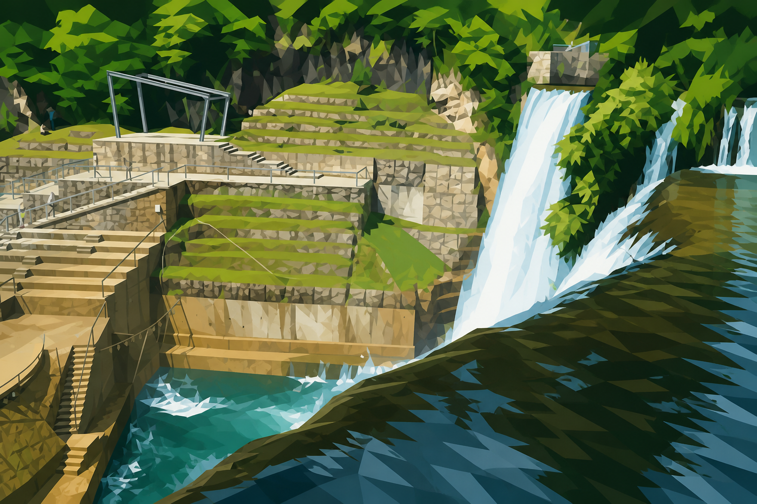 Polygon painting of the Pliva waterfall at Jajce with old-town walls