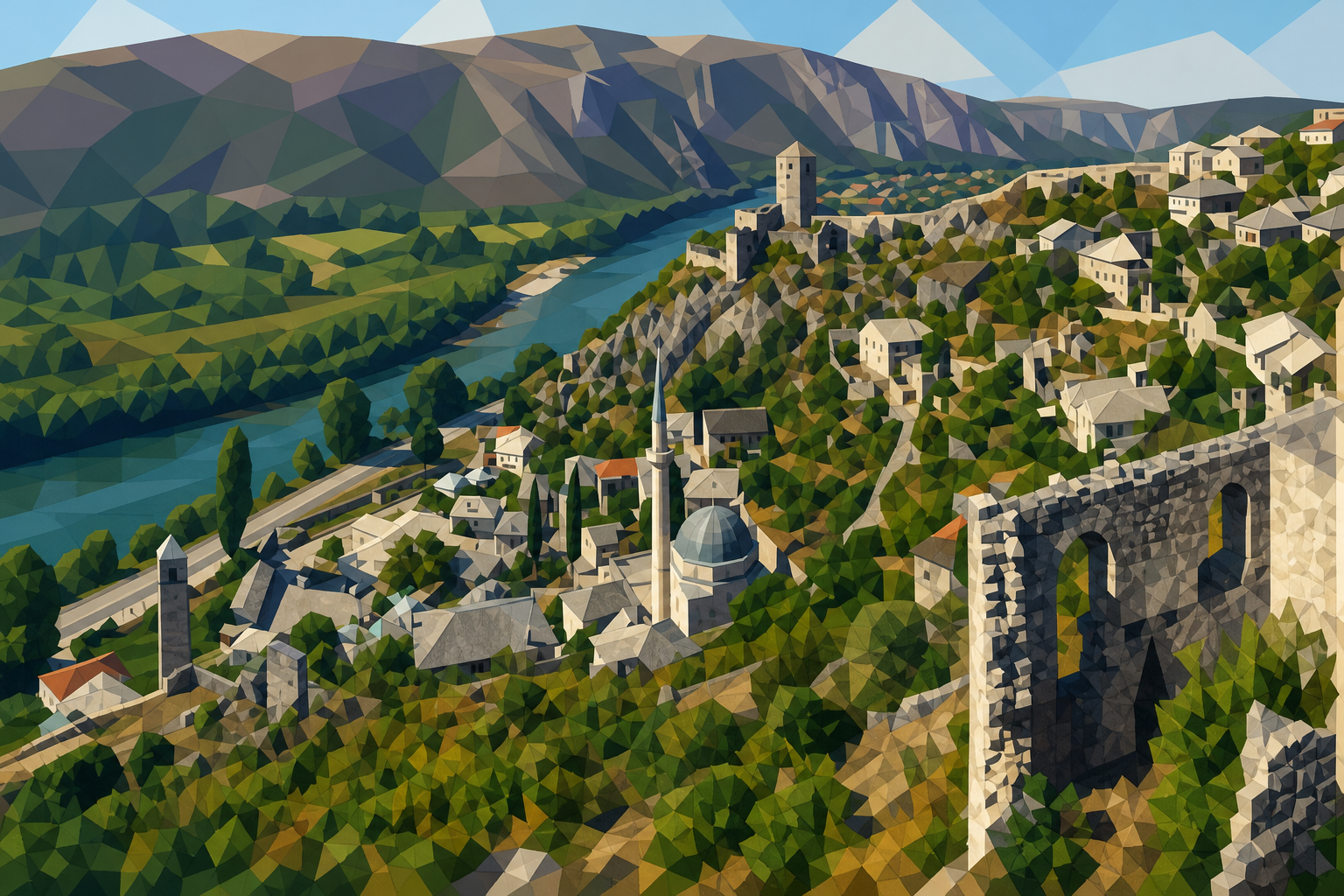 Polygon painting of Počitelj’s stone houses and fortress hill in Herzegovina
