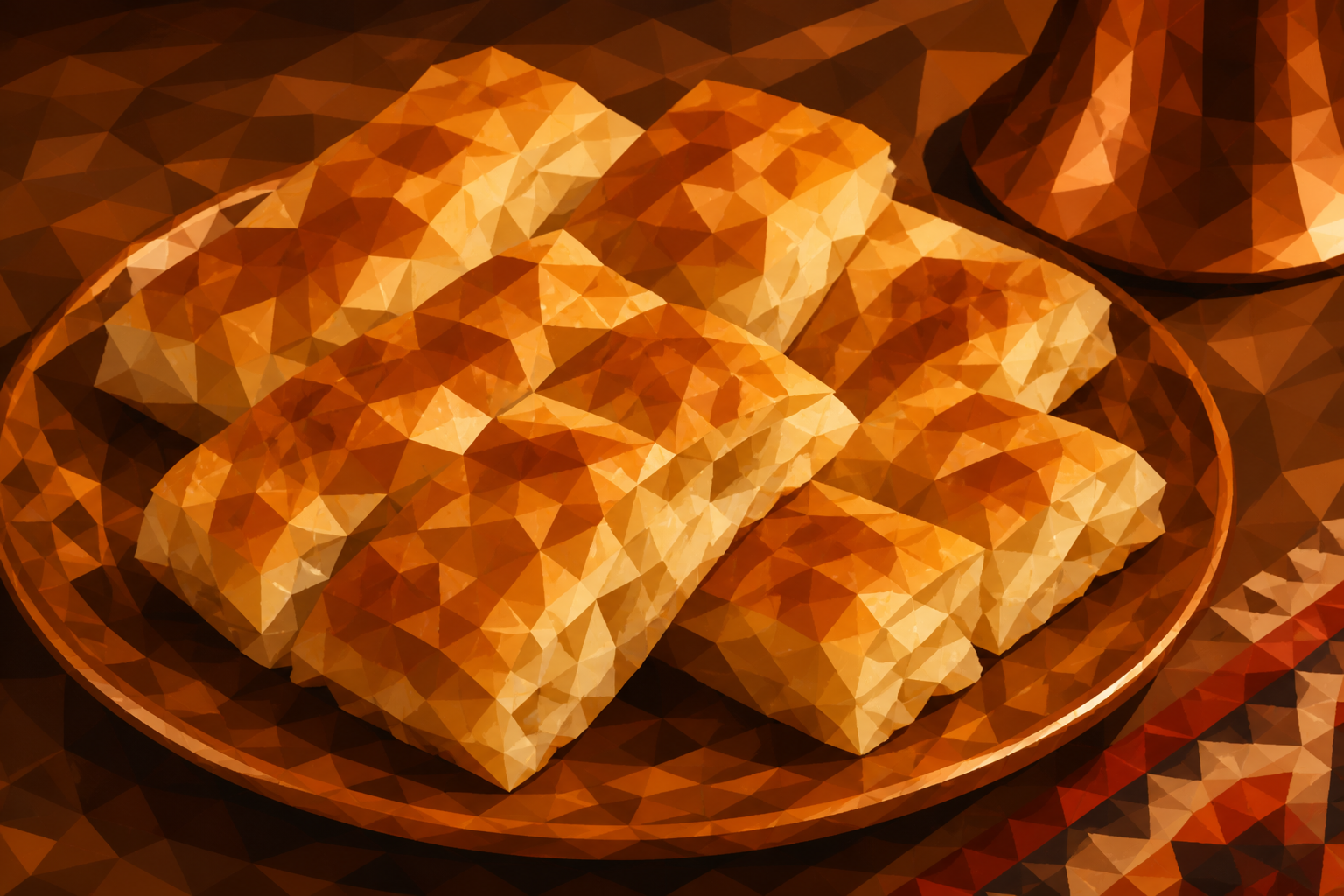 Polygon painting of flaky meat burek on a tray