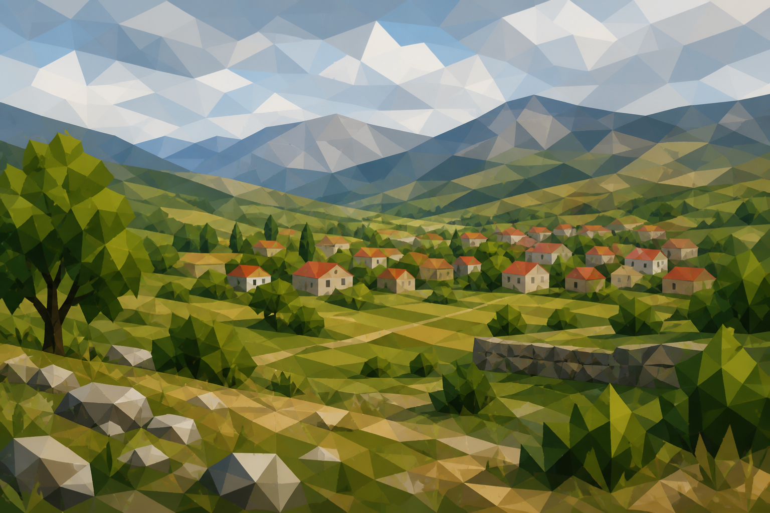 Polygon painting of the Livno valley landscape