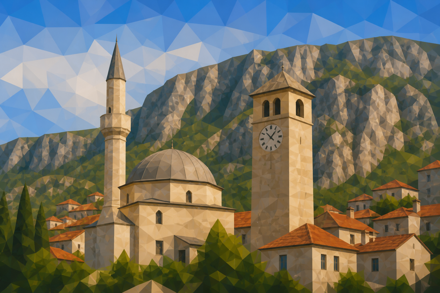 Polygon painting of Livno mosque and clock tower in western Bosnia