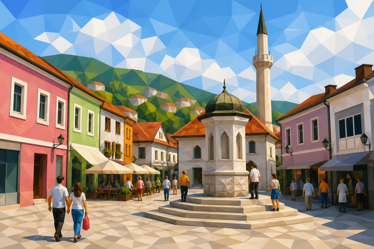 Polygon painting of a public fountain square in Tuzla