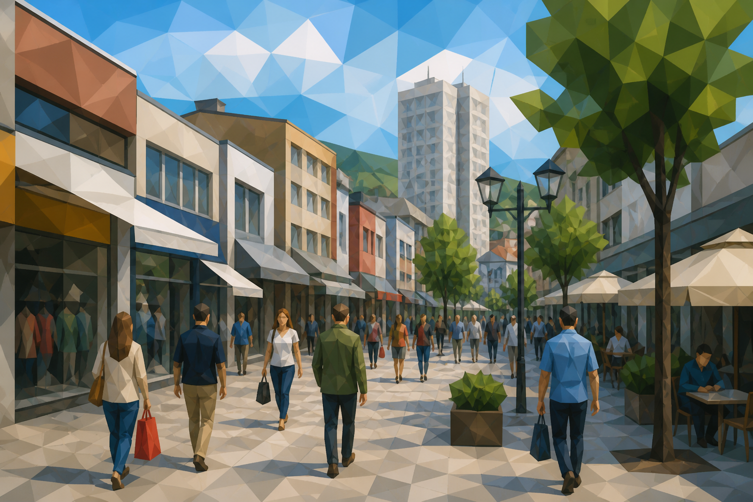 Polygon painting of a shopping street in Tuzla
