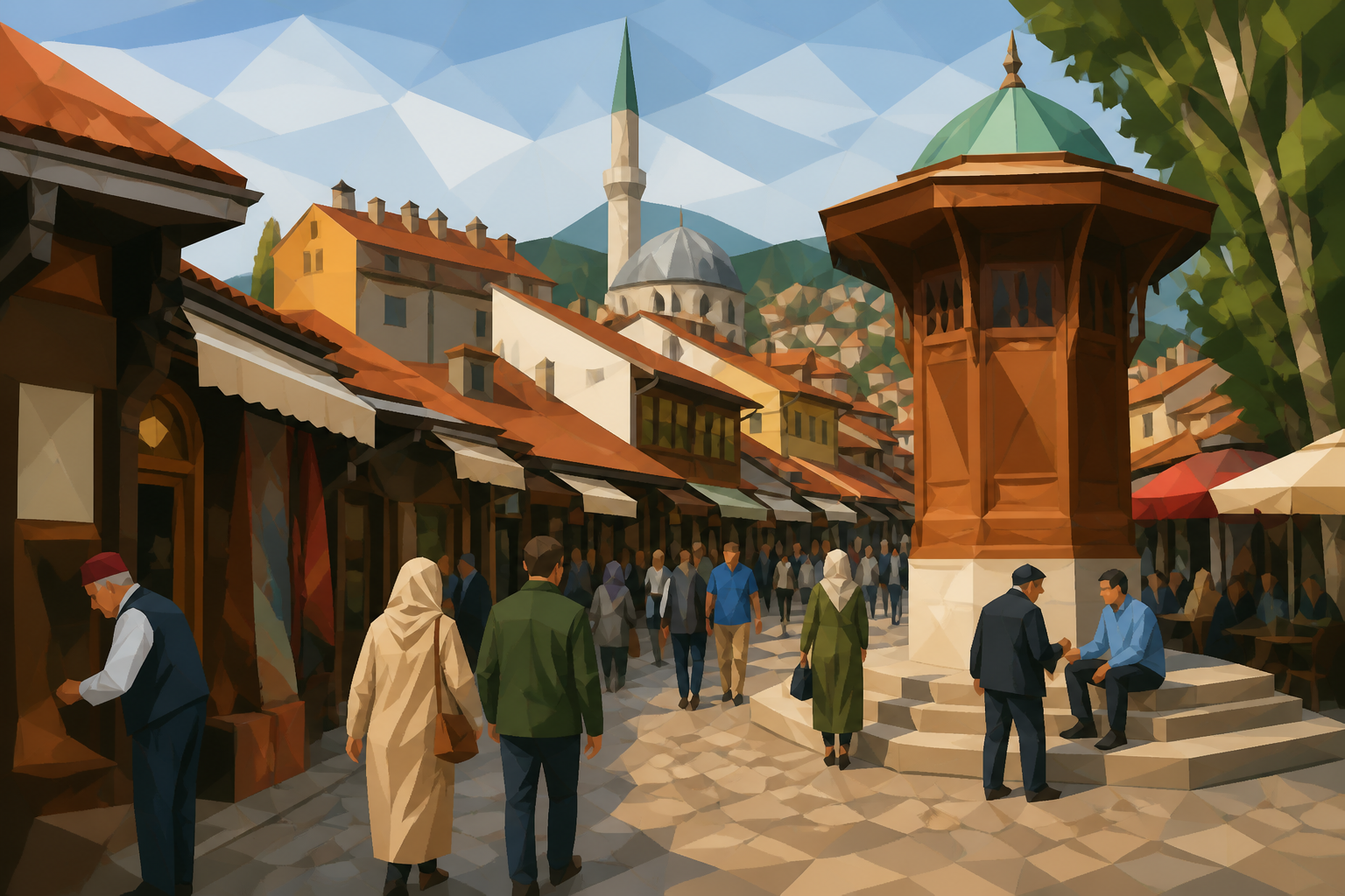Polygon painting of a Tuzla old-town street