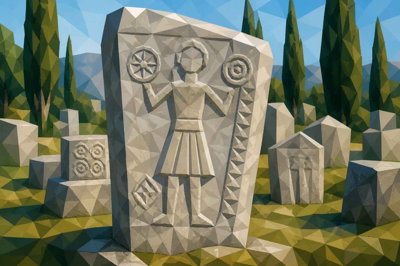 Polygon painting of a carved stećak detail at Radimlja