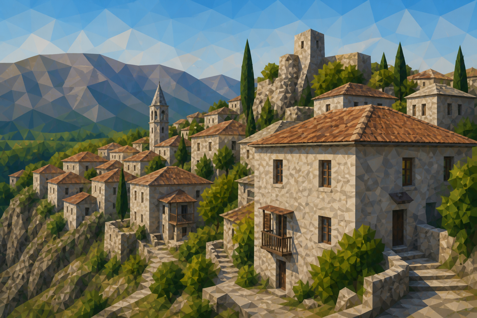 Polygon painting of traditional stone houses in Stolac
