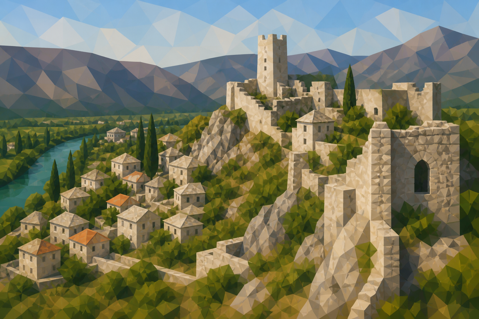 Polygon painting of Stari grad Stolac stone fortress and houses