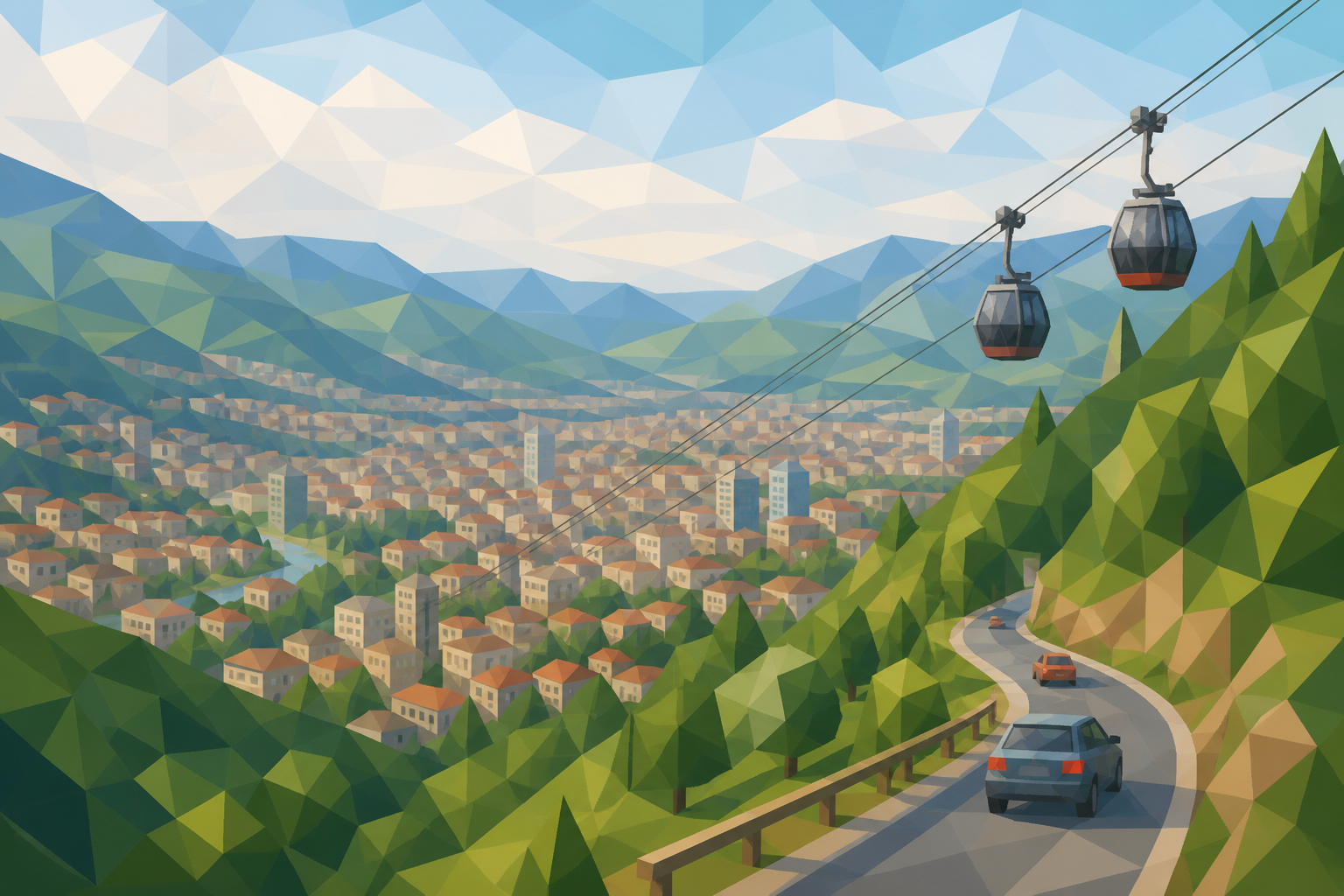 Polygon painting of the Sarajevo basin between surrounding mountains