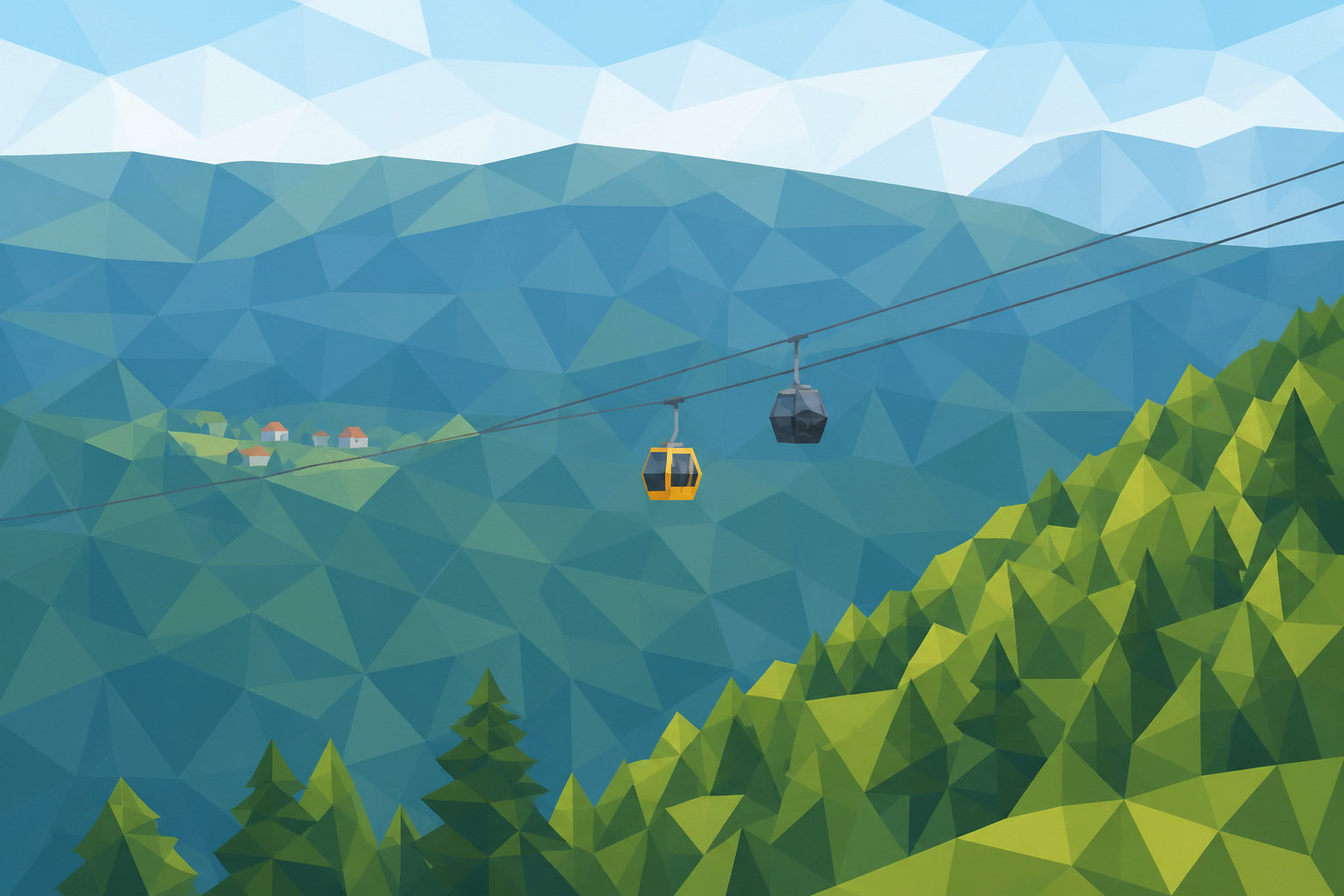 Polygon painting of a cable car climbing Trebević above Sarajevo