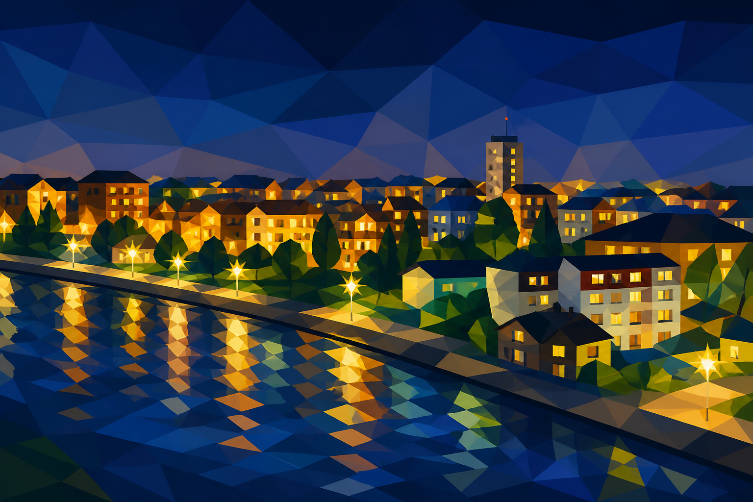 Polygon painting of lights across Brčko at night
