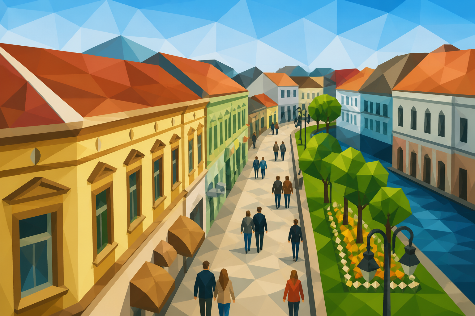 Polygon painting of people walking along the promenade in Brčko
