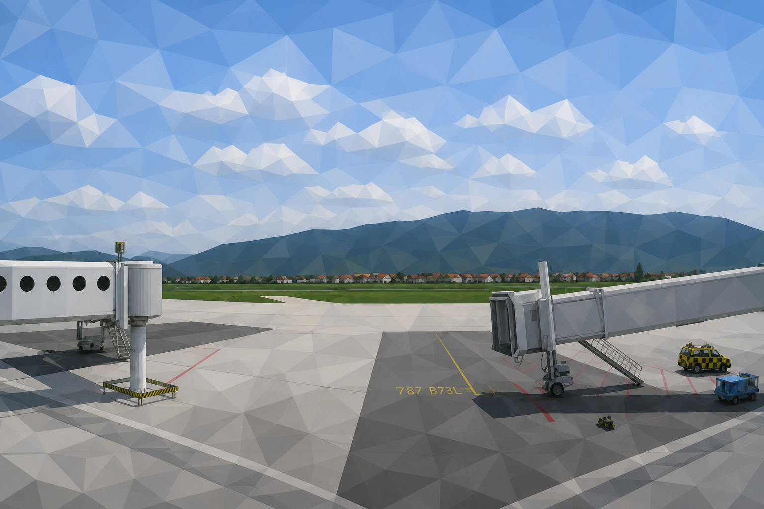 Polygon painting of the Sarajevo International Airport apron and mountains matching the Commons source photo.