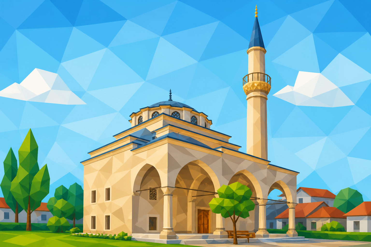 Polygon painting of Ferhadija Mosque in Banja Luka