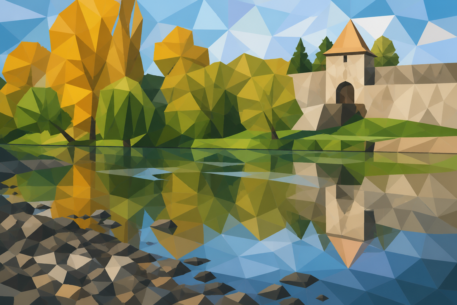 Polygon painting of Kastel Fortress beside the Vrbas in Banja Luka