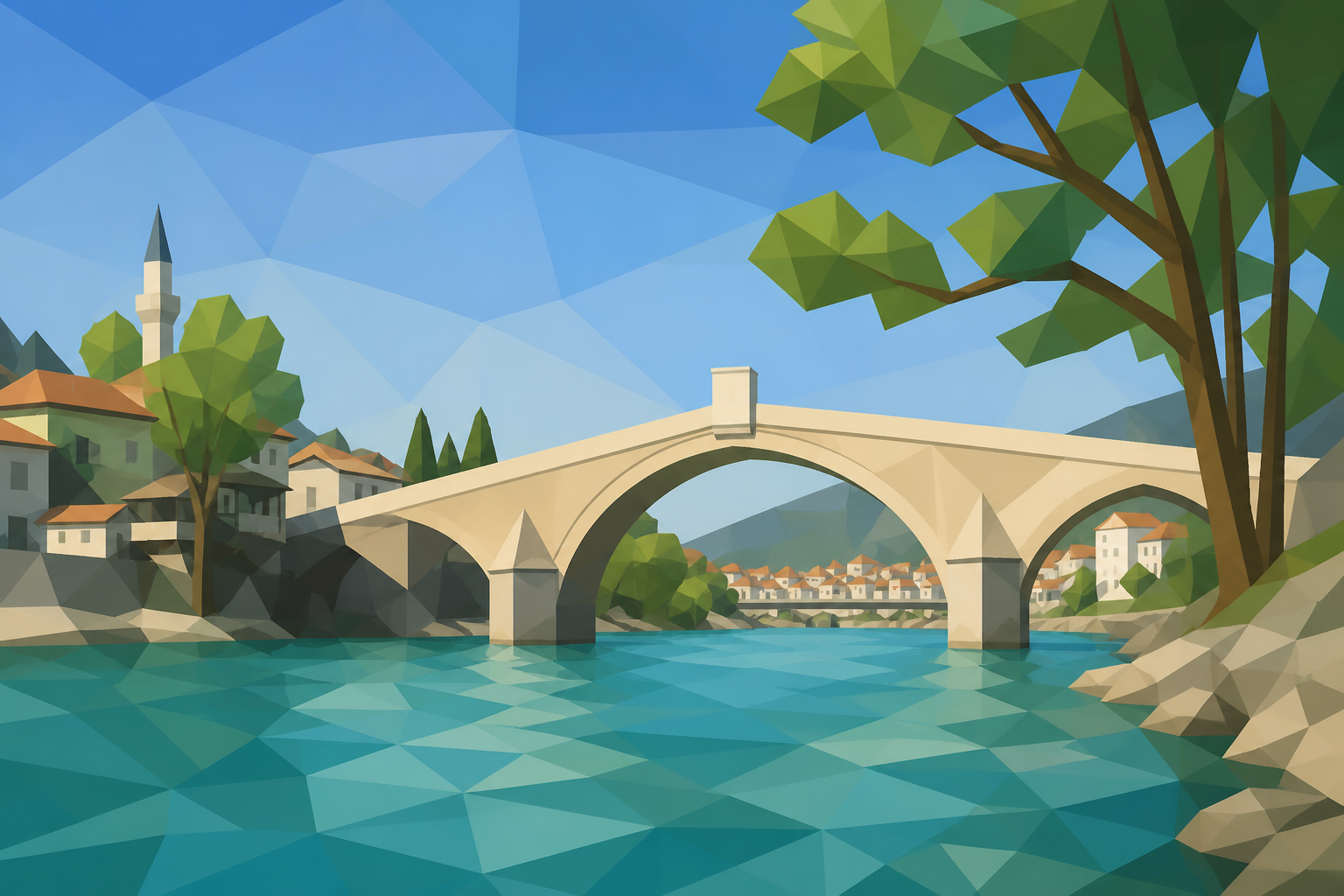 People cross the old stone bridge in Konjic