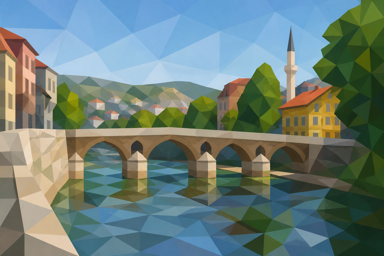 Polygon painting of the stone arches of Latin Bridge spanning the river