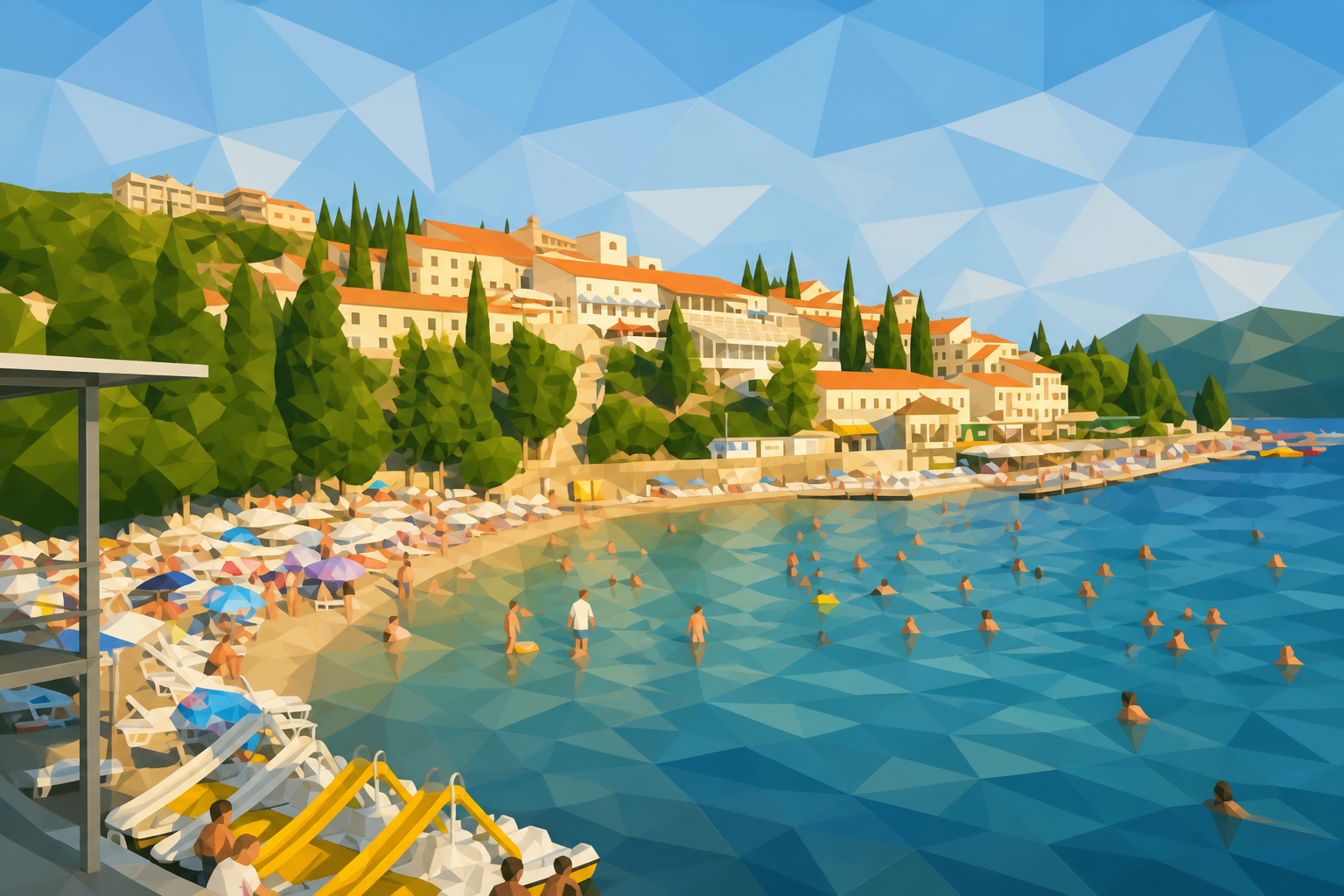 Polygon painting of a beach curves along the Adriatic at Neum.