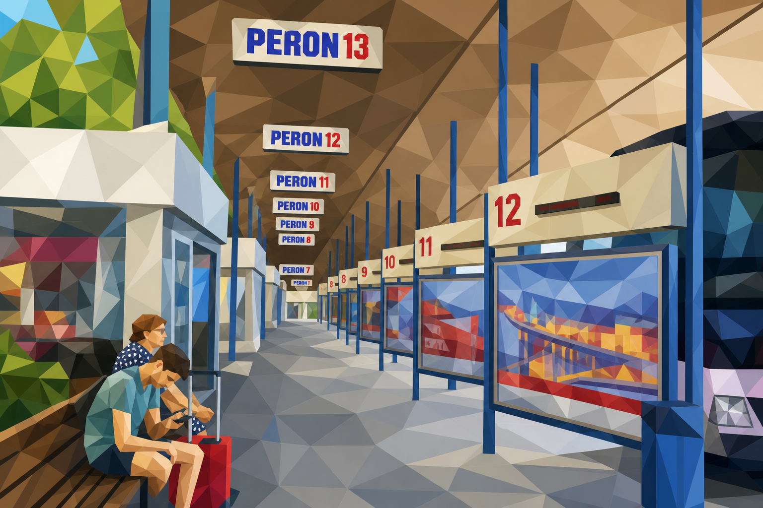 Polygon painting of coaches wait outside the Sarajevo bus station.