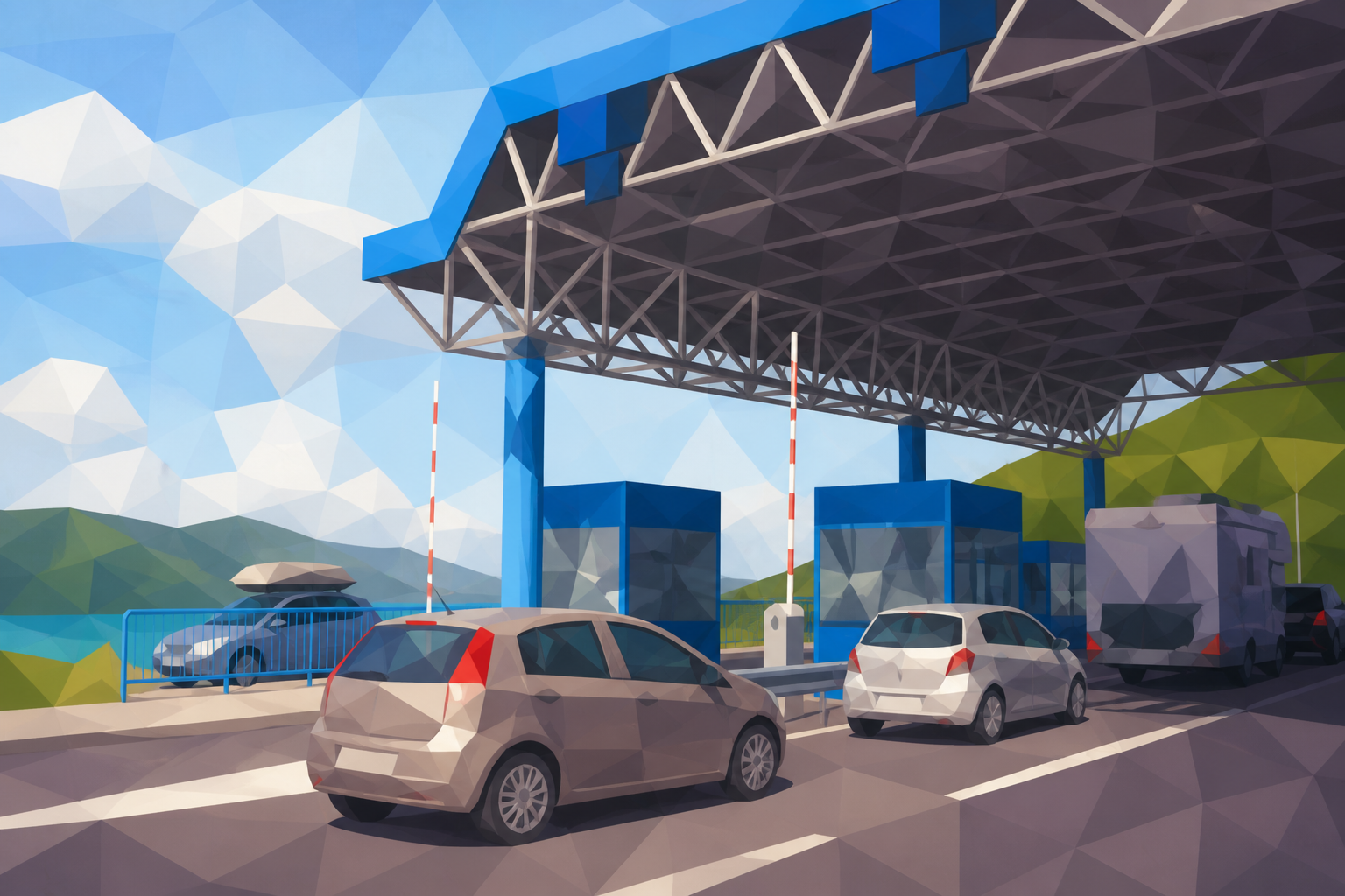 Polygon painting of a border crossing between Bosnia and Herzegovina and Croatia