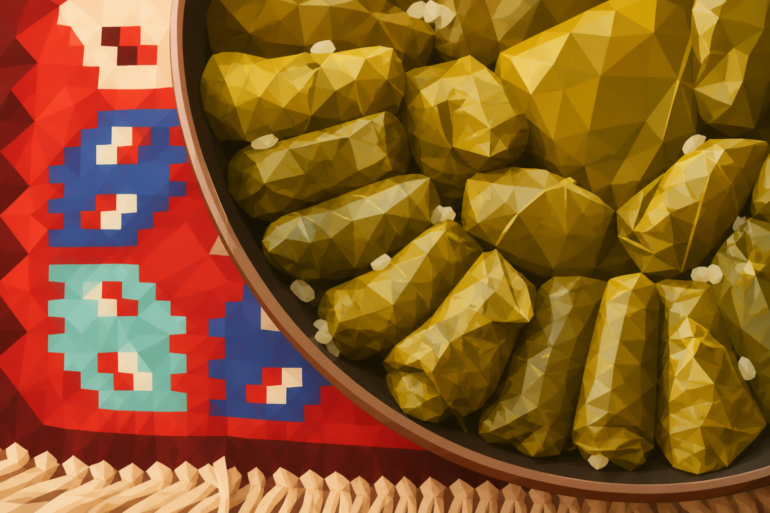Polygon painting of stuffed vine leaves are arranged as japrak.