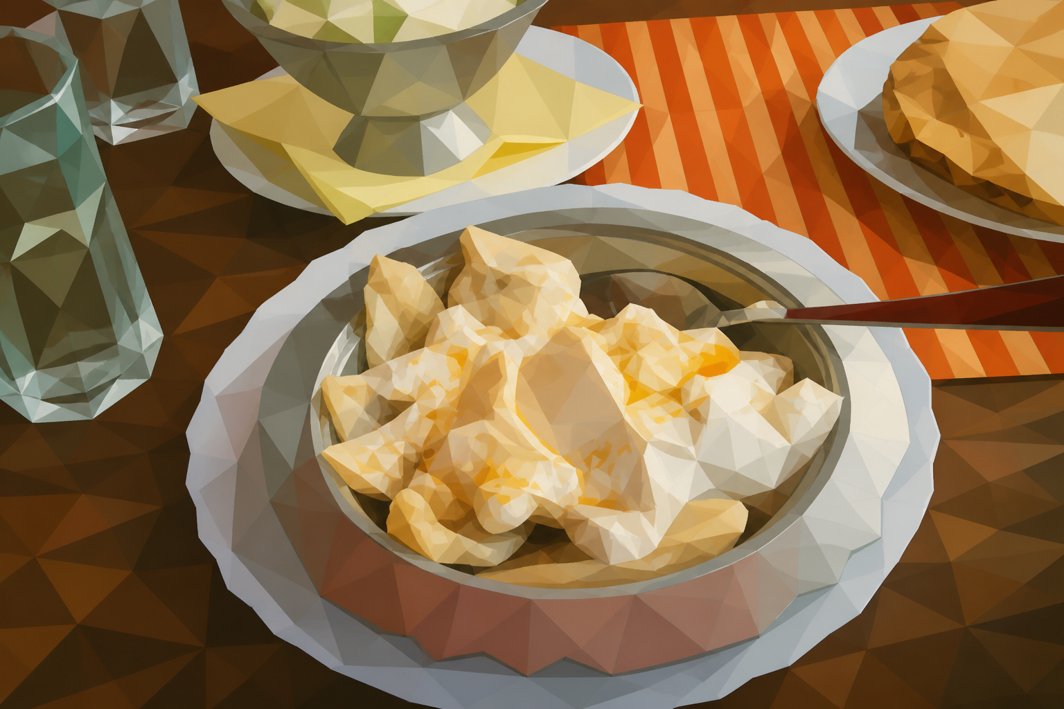 Polygon painting of a plate of klepe is served in Sarajevo.