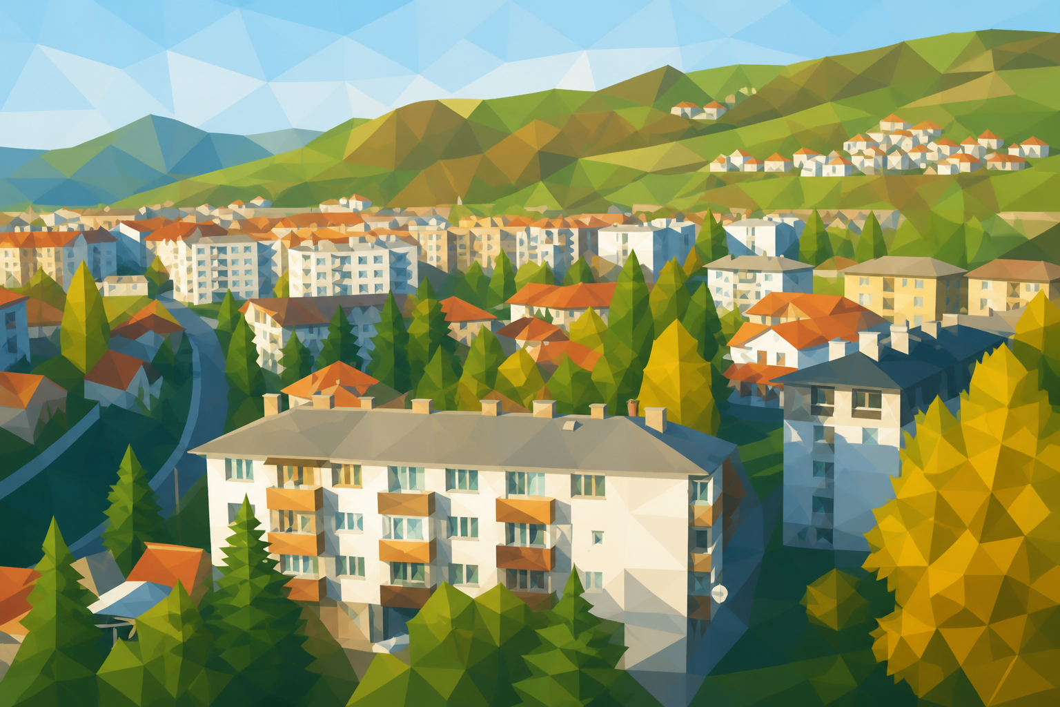 Polygon painting of visoko spreads across hills below a wide sky.