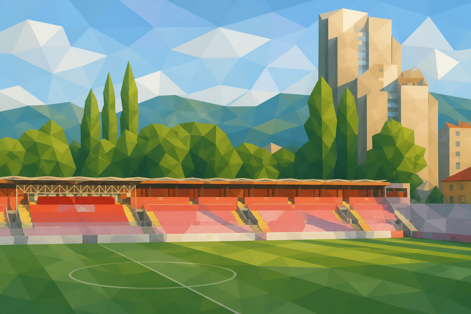 Polygon painting of the stands of Bilino Polje face the green pitch.
