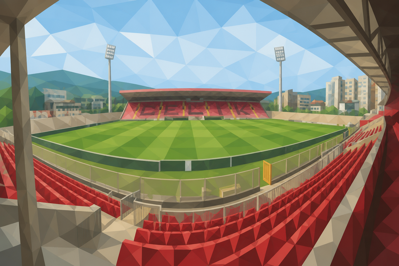 Polygon painting of bilino Polje stadium opens wide under a bright sky.