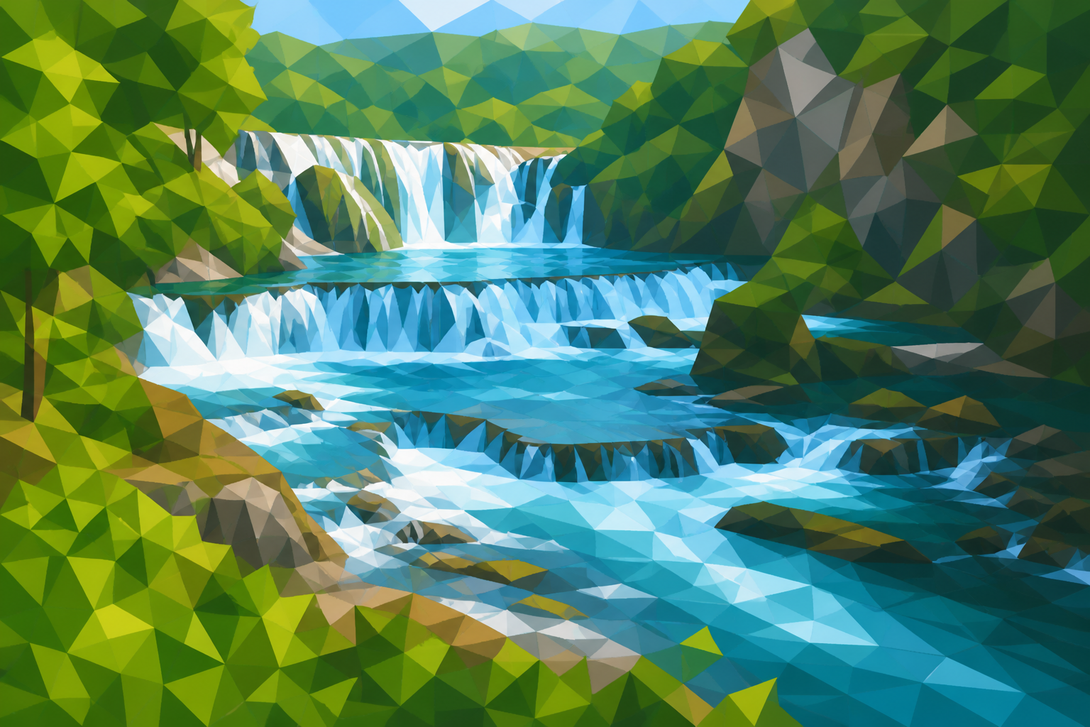 Polygon painting of white water pours over stone shelves at Štrbački buk.