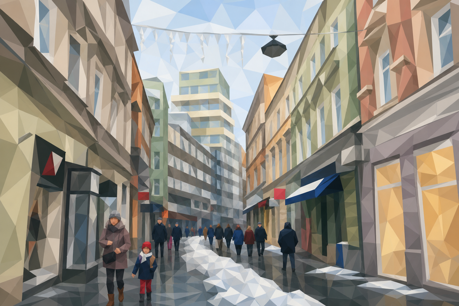 Polygon painting of people walk Ferhadija Street in central Sarajevo.